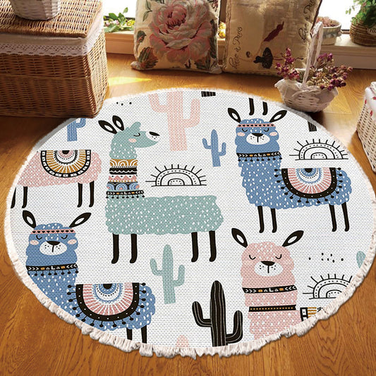 Round Alpaca and Cactus Print Rug 120cm