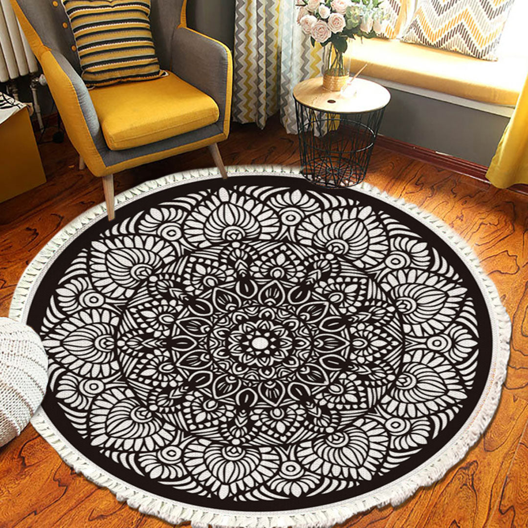 Modern Ethnic Mandala Round Rug with Tassel Print 120cm - Design 2