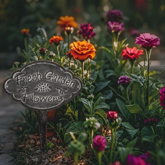 Fresh Flowers cast iron garden sign stake, 29cm, antique grey, view 2