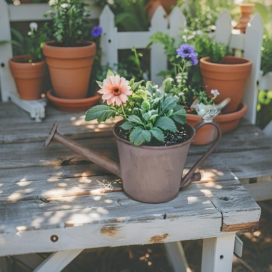 Watering Can Shape Potplanter w Blue Flower 28cm - Image 2