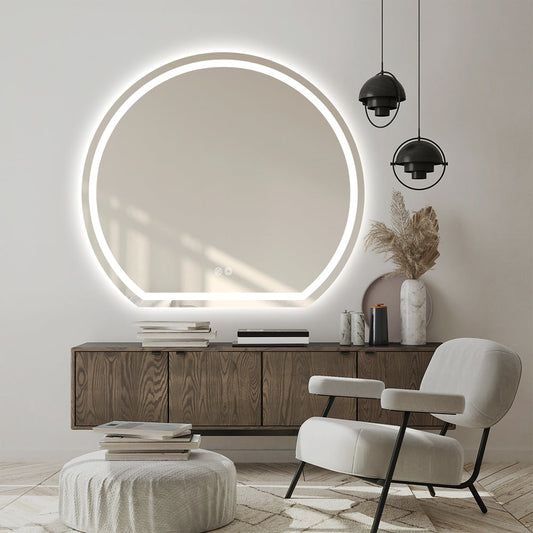 Left Cut Moon Wall-Mounted Frosted LED Mirror 90cm x 100cm Frameless Crescent Shape Frontlit Bathroom Vanity Decor
