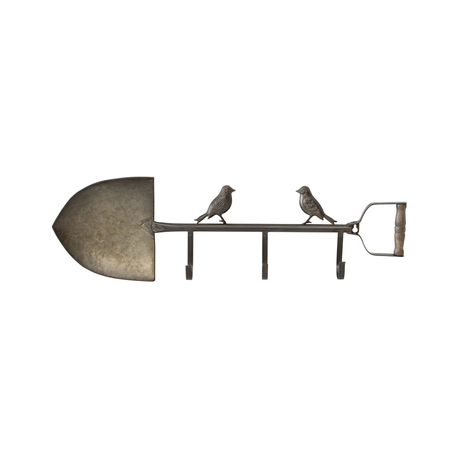 Spade w Birds 3 Hook Zinc Wall hanging 67cm