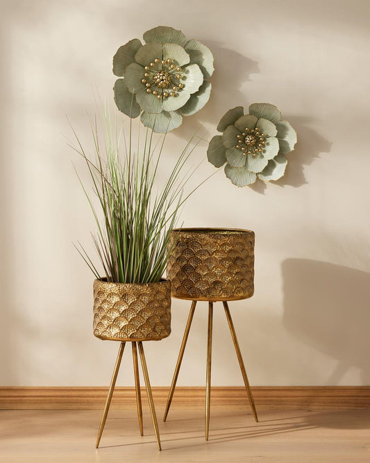Pressed Metal Gold Planter on Stands 74cm