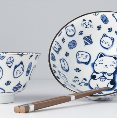 Bowl Set 2pcs with Chopsticks Maneki Cat Blue Design - Image 2