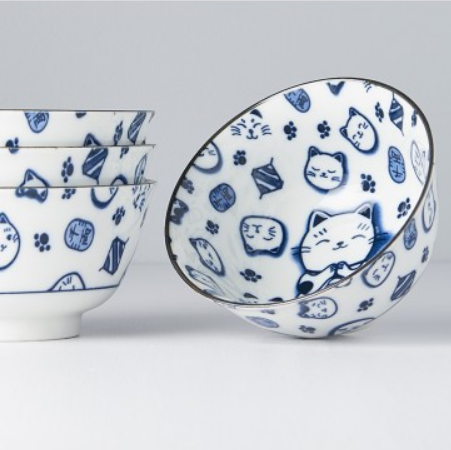 Bowl Set 4pcs Maneki Cat Blue Design - Image 2