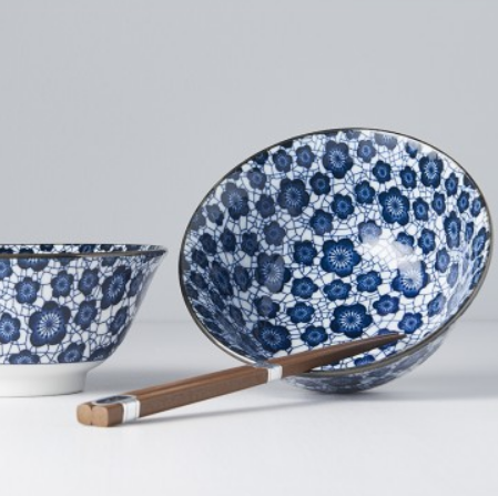Bowl Set 2pcs with Chopsticks Blue Plum Design - Image 2