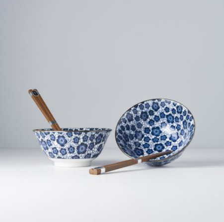Bowl Set 2pcs with Chopsticks Blue Plum Design - Image 5