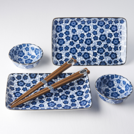 Sushi Set for Two with Chopsticks Black Blue Plum Design - Image 2