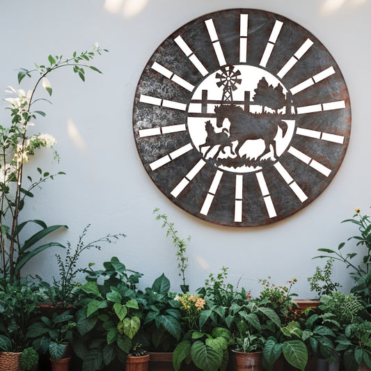 Galvanised w Rust Horses Round Laser Cut Wall Art 100cm - Image 2