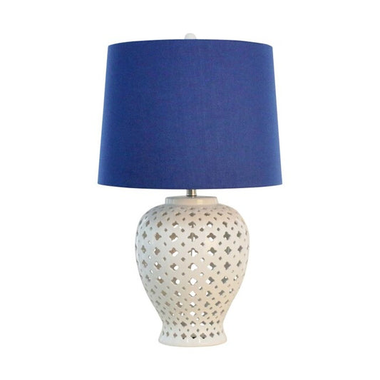 Lattice Tall White Table Lamp w Blue Shade 69cm - Image 2