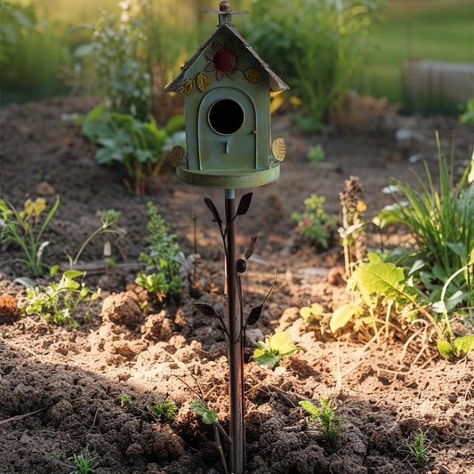 Birdhouse w Flower on Leafy Garden Stake 40cm - Image 2