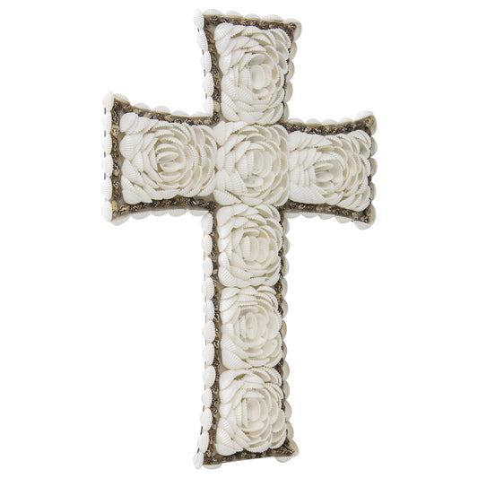 Handcrafted Weave & White Shell 'Flower' Wall Hanging Cross 16x3cm - Image 2