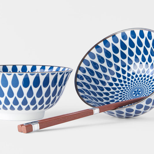 Bowl Set 2pcs with Chopsticks White Blue Teardrops Design - Image 2