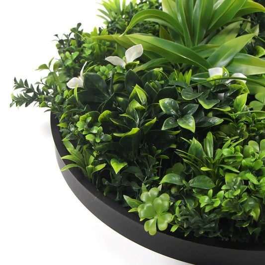 Slimline Flowering White Artificial Green Wall Disc UV Resistant 75cm (Black Frame) - Image 2