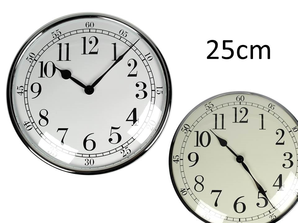 Bulk 12 25cm Plastic Silver Chrome Look Wall Clock 2 Asst Sml