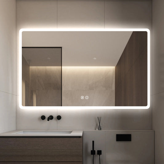 Rectangular LED Mirror 100cm x 75cm Frameless Frosted Wall Mounted Bathroom Defogger Dimmable Touch Sensor