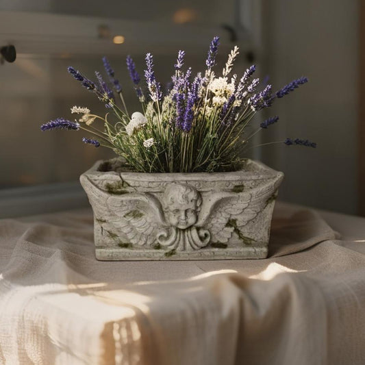 Aged Rectangular Planter w Angel 37cm - Image 2