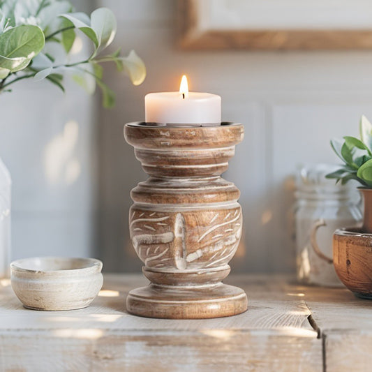 Mangowood Squat Pillar Candle holder 10cm