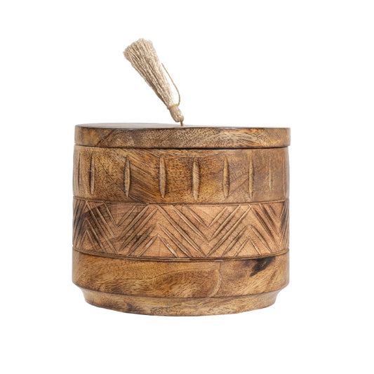 Handcrafted Round Box w Aztec Carving 15cm - Image 2