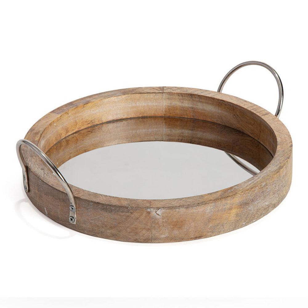 Round Mirror Based Mango Wood Tray w Handles 33cm