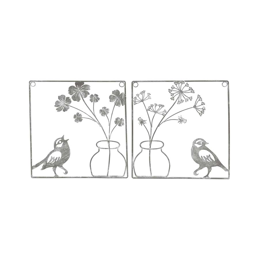 Set 2 Asst Wire Bird w Flower Vase Wall Art 20cm - Image 2