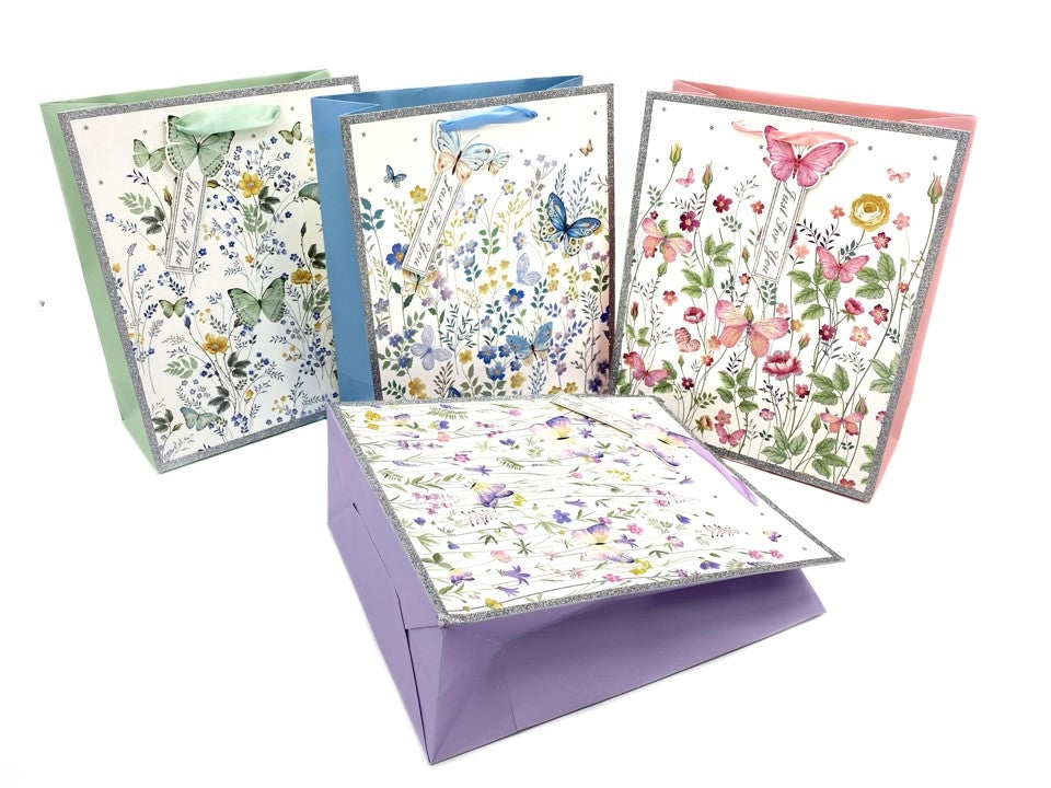 bulk 24 Large Glitter Floral & Butterfly Gift Bag 32cm
