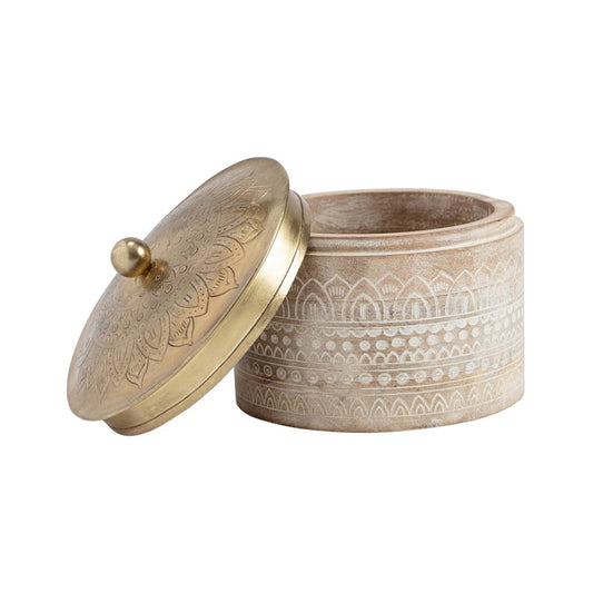 Hand Carved Round Wood Box W Pressed Metal Lid 13cm - Image 2