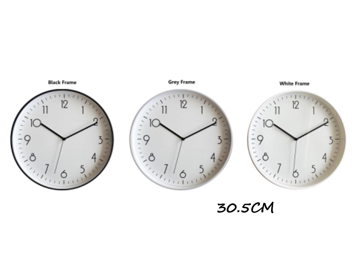 Bulk 10 Modern Round Wall Clock 30.5cm 3 Asst