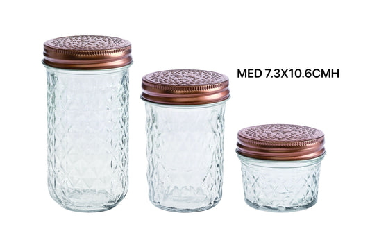 bulk 24 Medium Diamond Look Glass Jar w/ Rose Gold Lid 10cm