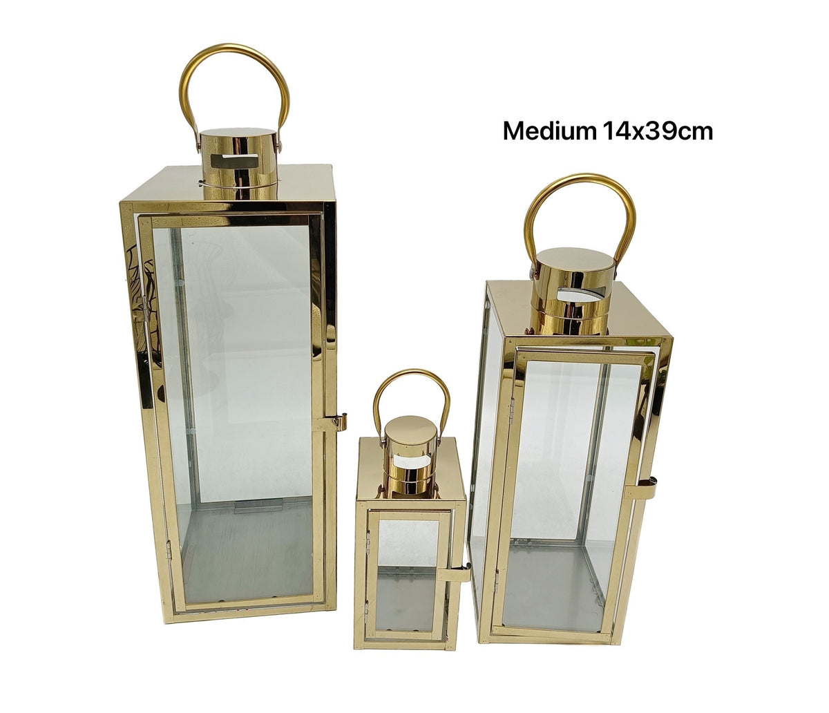 Bulk 6 Medium Polish Gold Metal & Glass Lantern 14x39cmh