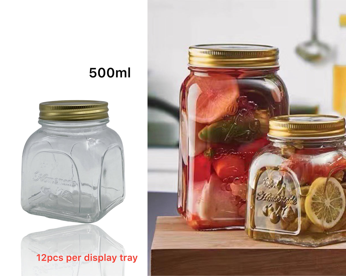 bulk 36 Glass Square Jar w/ Gold Metal Lid 500ml