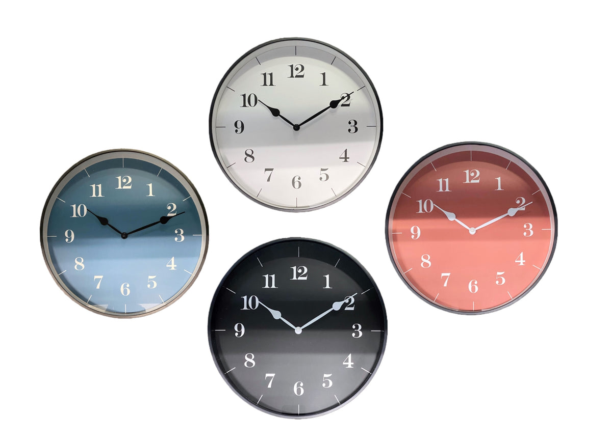 Bulk 10 Modern Plastic Wall Clock 30cm 12" 4 Col Asst