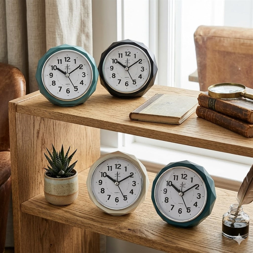 Bulk 12 Dodecagon Table Clock 12.2x6.3x12cm 4 Asst
