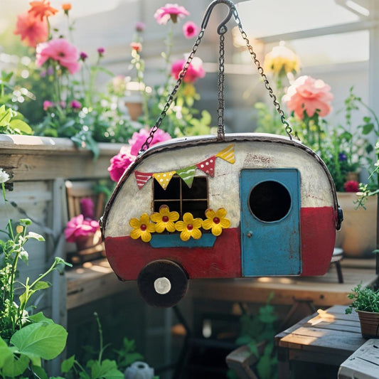 Vintage Red Caravan Hanging Birdhouse 30cm