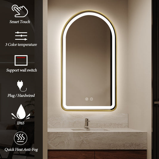 Arched LED Gold Frame Wall Mirror 100cm x 75cm Frosted Defogger Dimmable Vanity