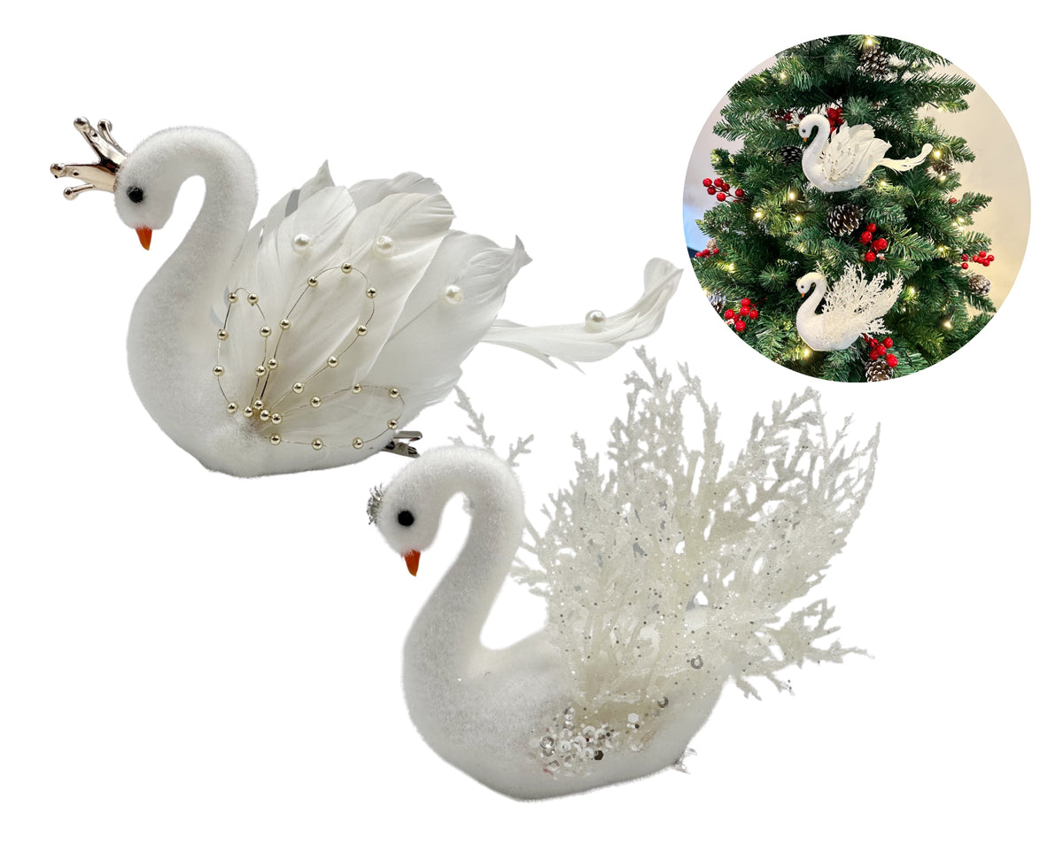 bulk 24 Xmas Flocking Swan w/ Clip 15cm