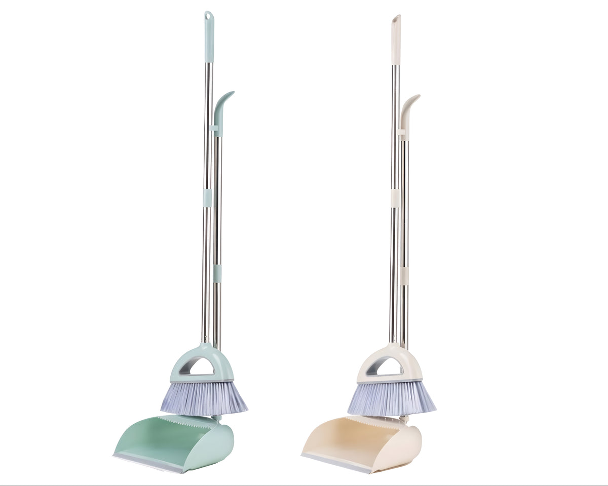 Bulk 12 Plastic & Stainless Steel Dustpan & Broom Set 24x88cm 2 Asst