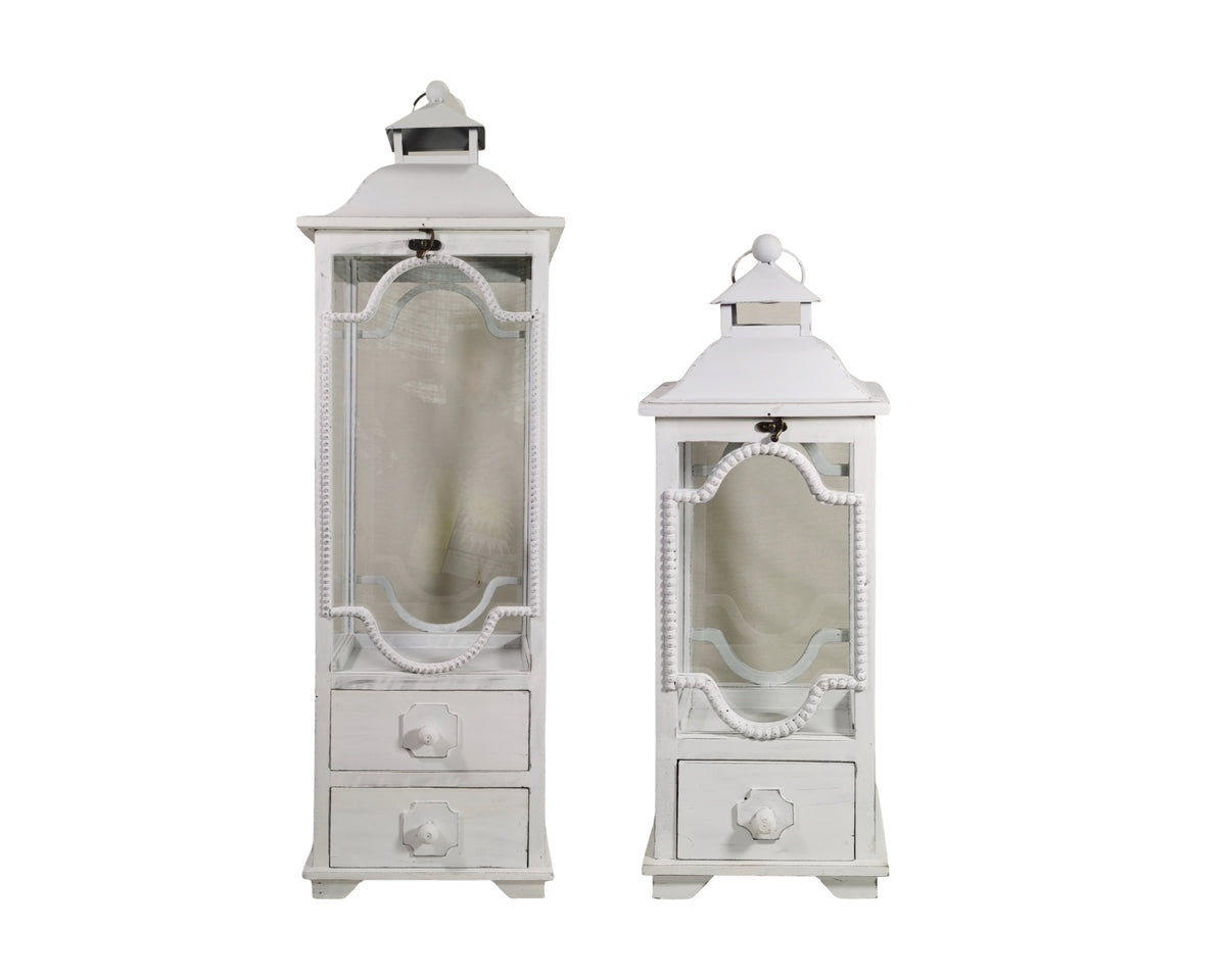 Set 2 Tall White Wooden Lantern w/ Drawers 104cm