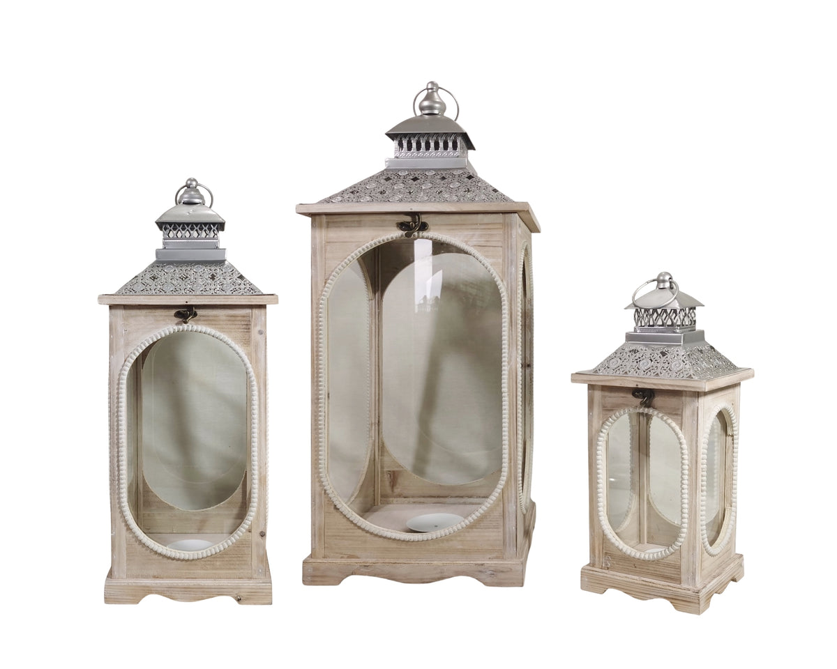 Set 3 Natural Wooden Lantern w/ Oval Shape 76cm