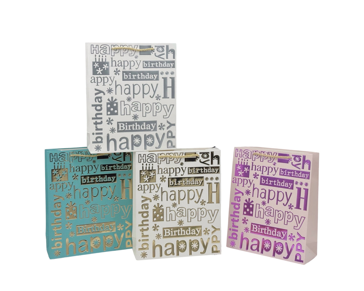 bulk 24 Medium Birthday Wishes Foiled Gift Bag Assorted 23cm