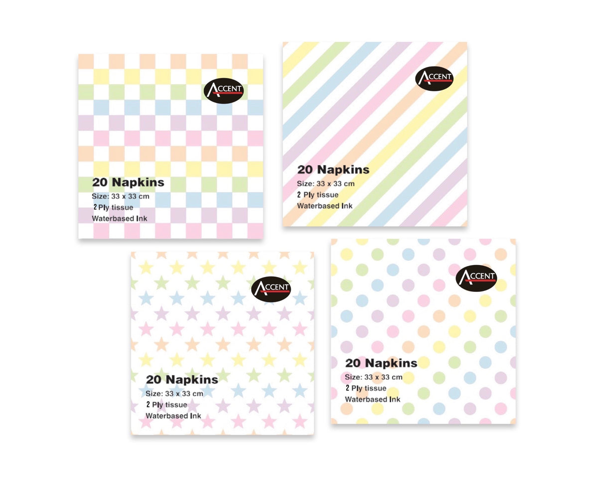 bulk 960 Dots Stars Gingham Diagonal Stripes Napkin 2ply 33cm