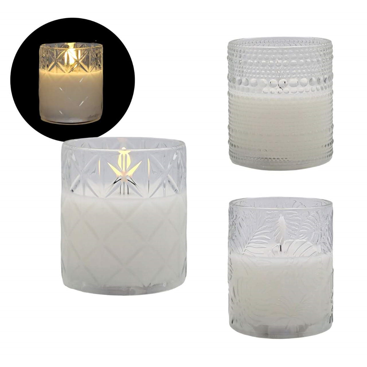 bulk 12 Patterned Glass Jar Led Candle 10cm