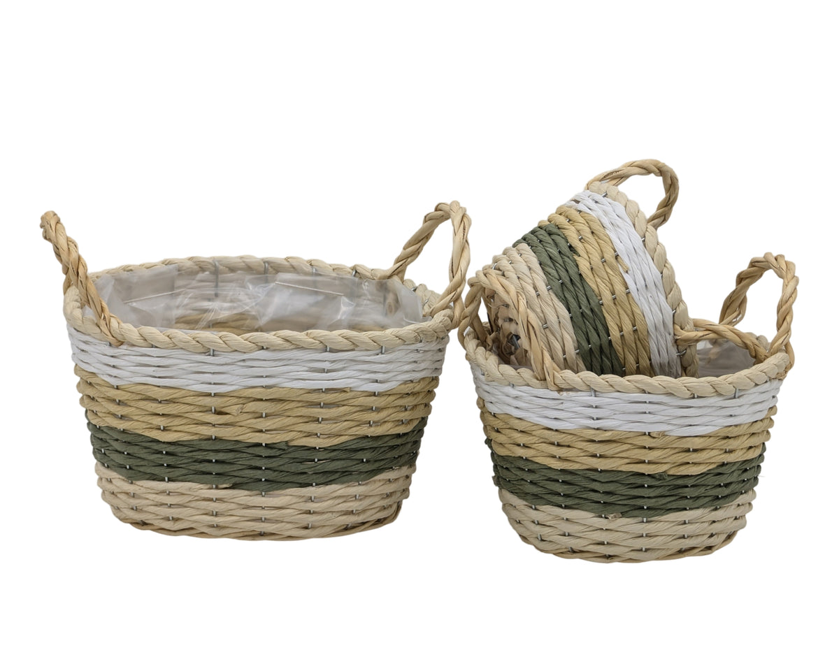 Bulk 4 Paper Rope Round Basket W Handle Set 3 25x14cm
