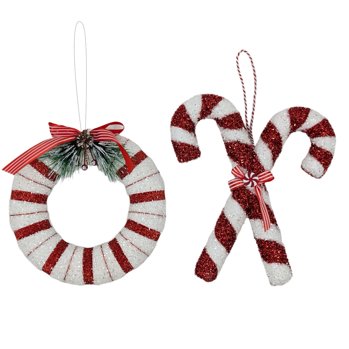 Bulk 12 Xmas R&w Glitter Candycanewreath Hanging 25cm