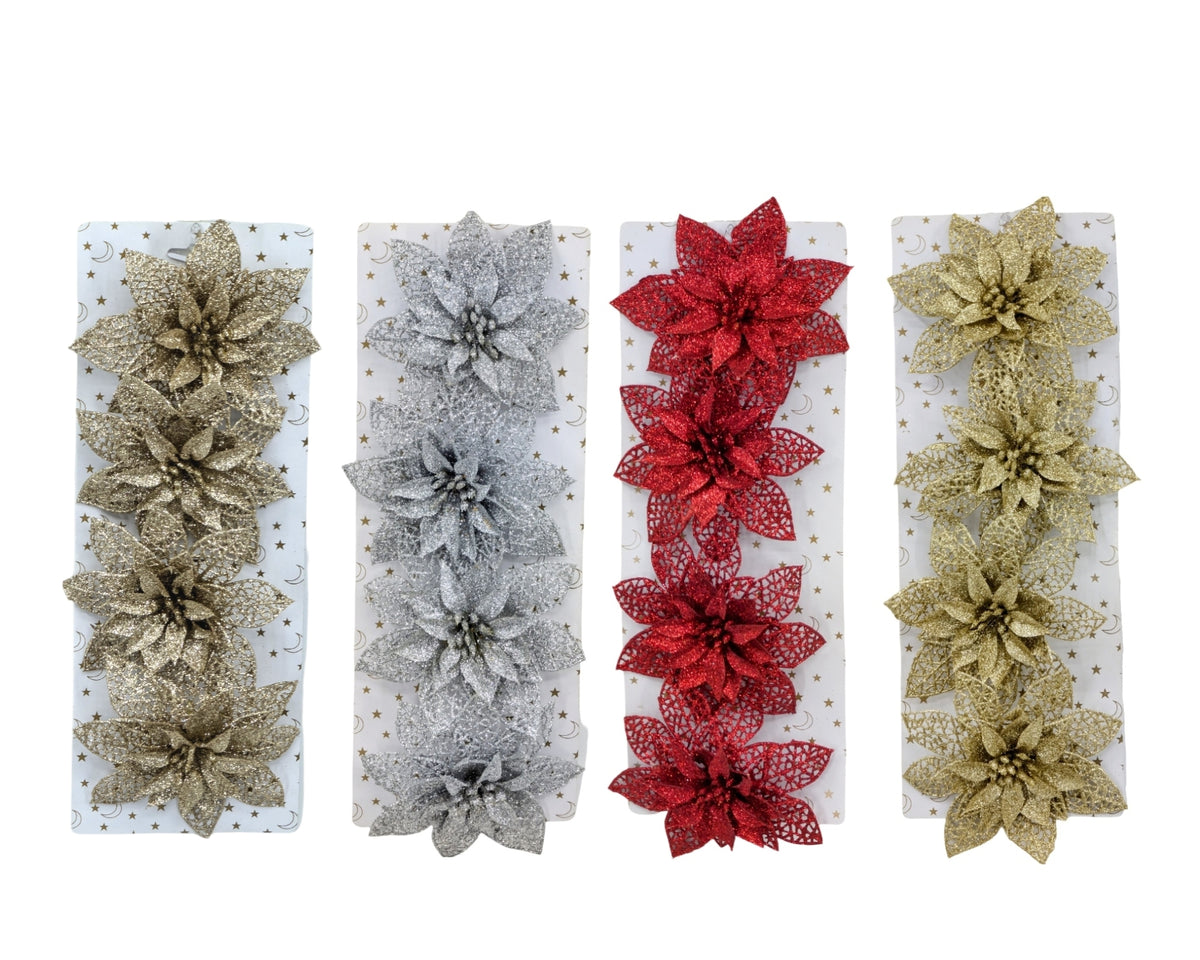 Bulk 24 Xmas Glitter Poinsettia W Clip pk4 14cm 4 Asst