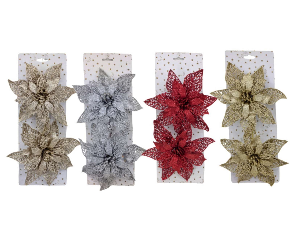 Bulk 24 Xmas Glitter Poinsettia W Clip pk2 18cm 4 Asst