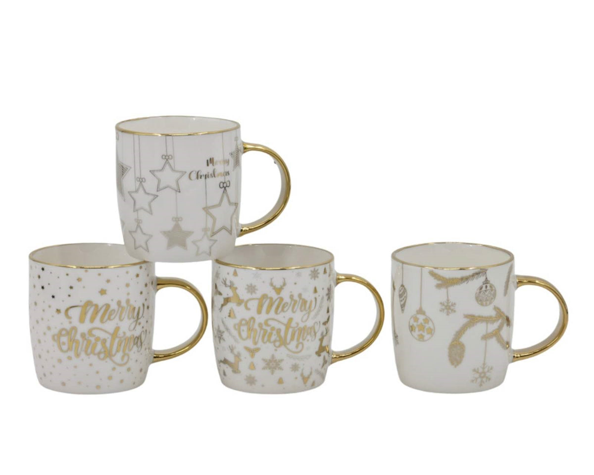 Bulk 24 Gold Foiled Xmas Mug 370ml 4 Asst