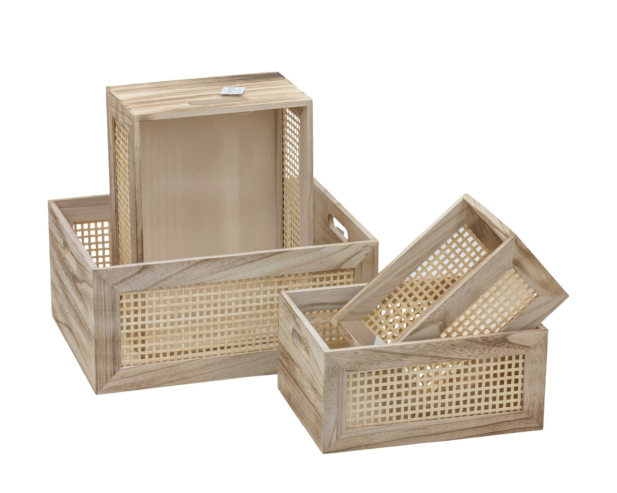 Bulk 2 Natural Wood Crate W Rattan Veneer Decor s/4 40x30x18cmh
