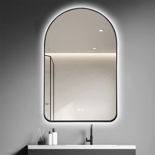 Arched LED Wall Mirror 100cm x 75cm Black Bevel Frame Backlit Dimmable Defogger