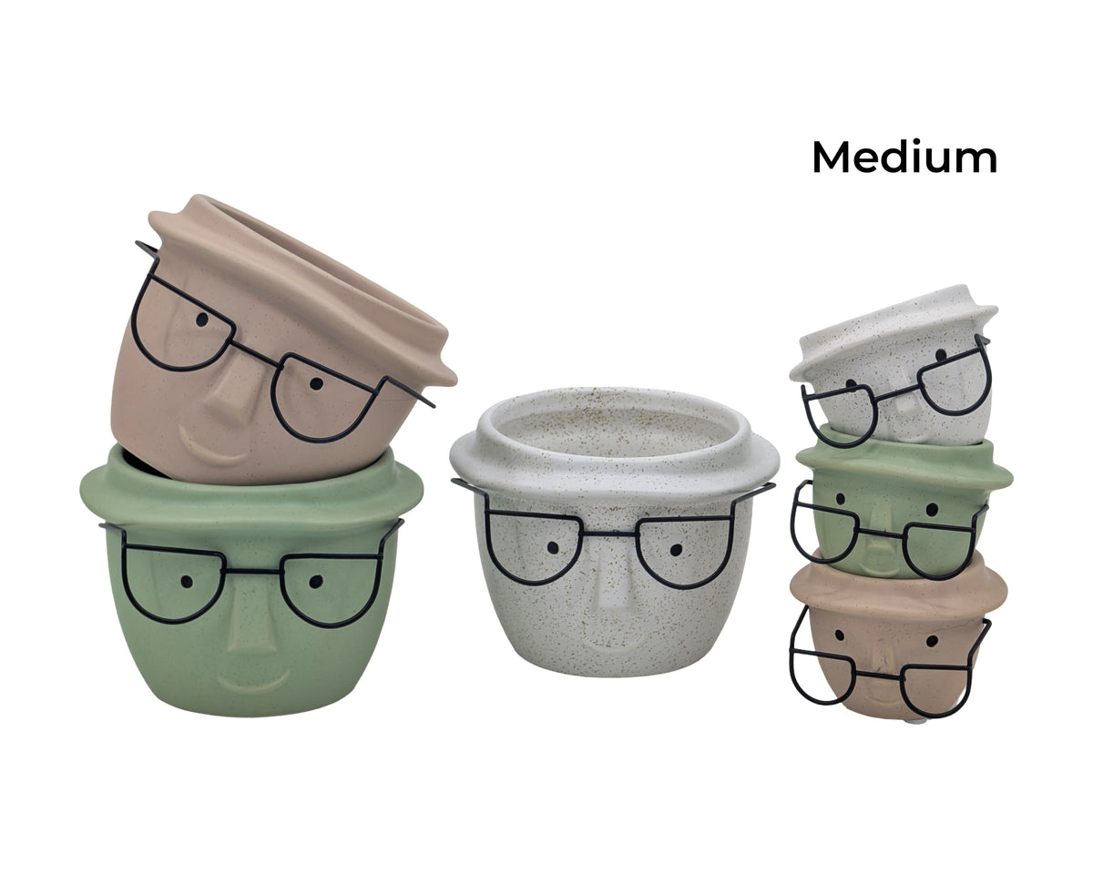 Bulk 12 Man W Metal Glasses Ceramic Pot Planter 14.5x10.5cmh 3asst
